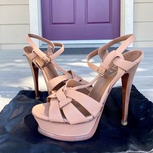 YSL Tribute Platform Sandals in Beige Leather